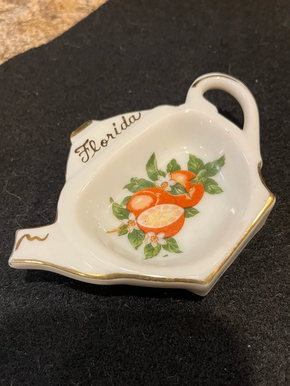 Vintage Florida Orange Tea Bag Holder Dish with Gold Trim